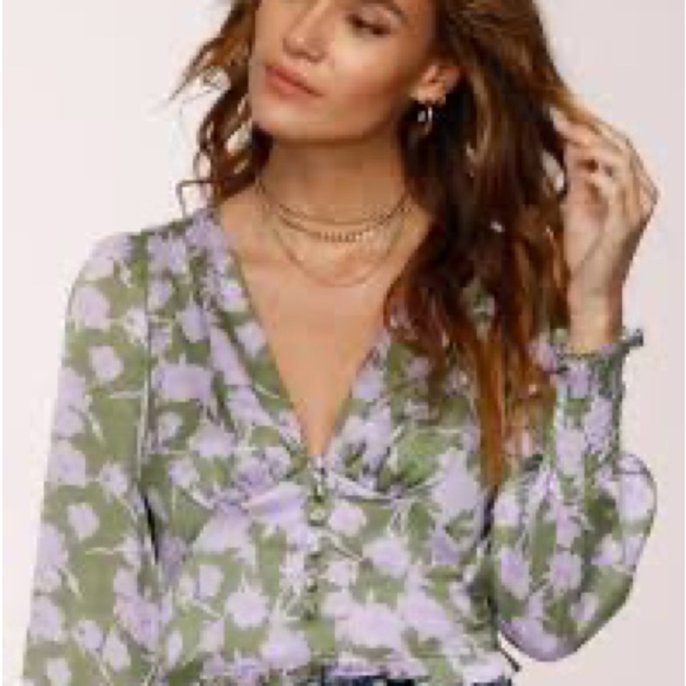 Heartloom Lavender Floral V-Neck Blouse on Olive